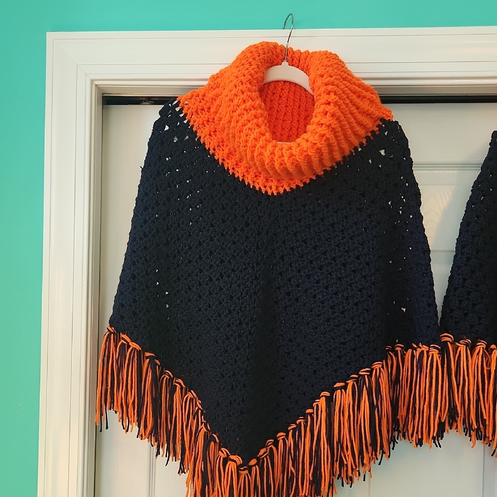 Handmade Navy and Orange Crochet Poncho